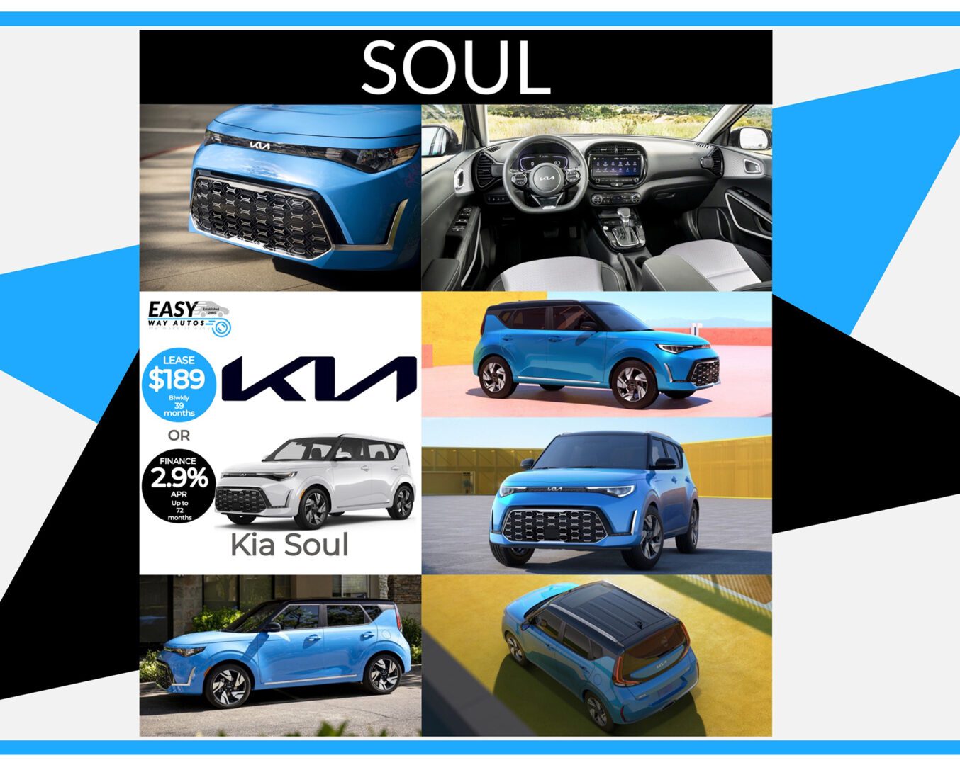 A blue car with the words soul on it.