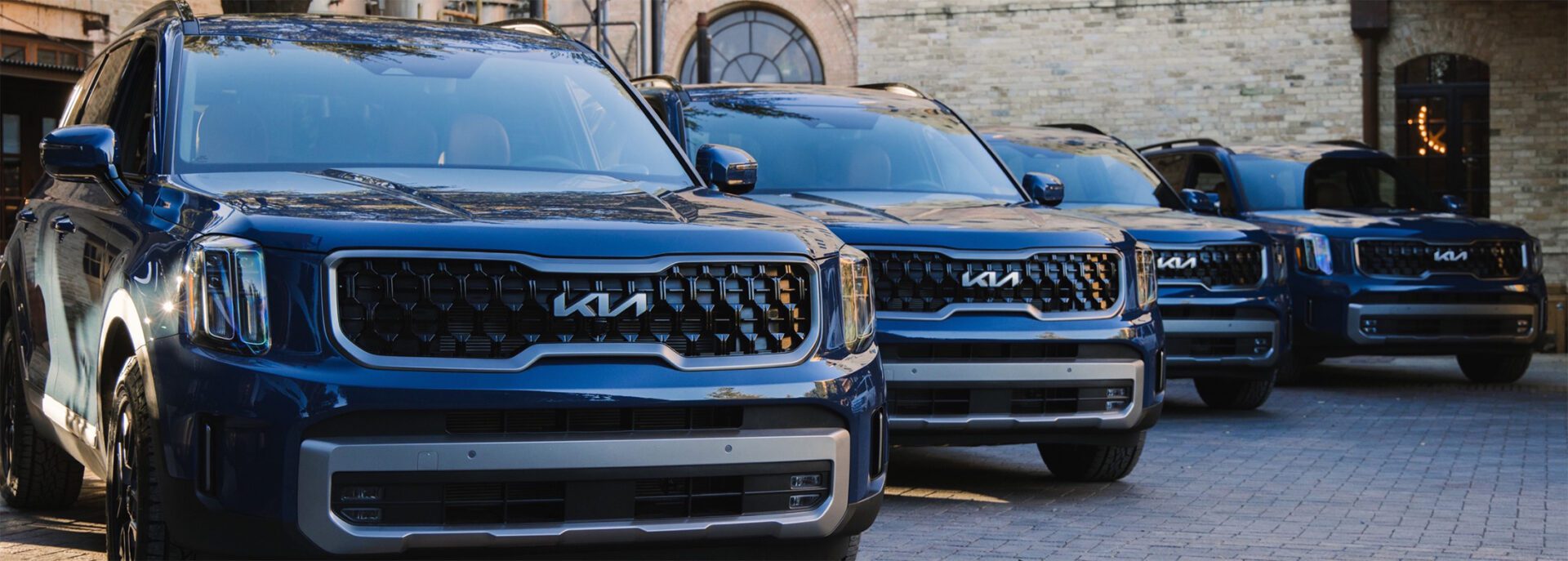 A row of blue hyundai vehicles parked in front of a building.