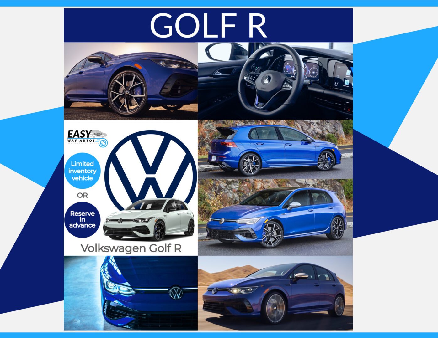A blue volkswagen golf r and a red volkswagen golf r.