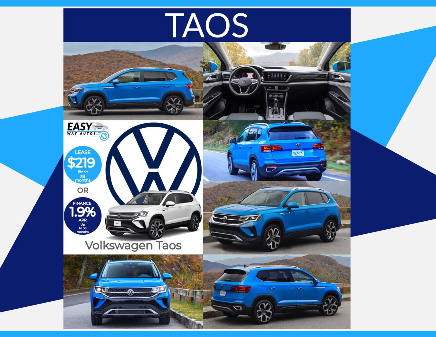 A blue volkswagen taos is shown on a blue background.